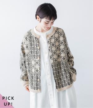 ジャカードニット　パッチワーク柄2wayカーディガン(オートミール×ブラック-F)