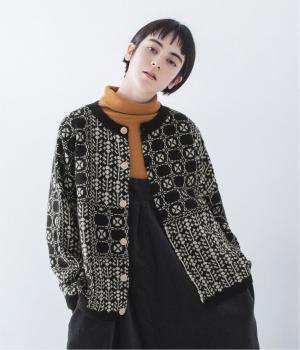 ジャカードニット　パッチワーク柄2wayカーディガン(ブラック×オートミール-F)