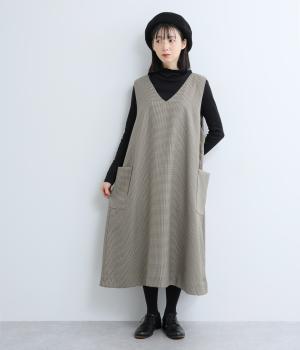 千鳥格子ツイル　Aラインワンピース(ベージュ-F)