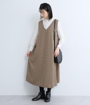 千鳥格子ツイル　Aラインワンピース(キャメル-F)