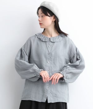 リネンフリルギャザーブラウス(ライトブルー-ONESIZE)