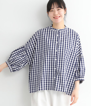 先染めブロードワイドギャザースリーブ7分袖ブラウス(ギンガムチェック-ONESIZE)