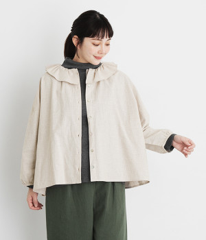 コットンリネン千鳥チェックフリル襟9分袖ブラウス(ベージュ×オフホワイト-ONESIZE)