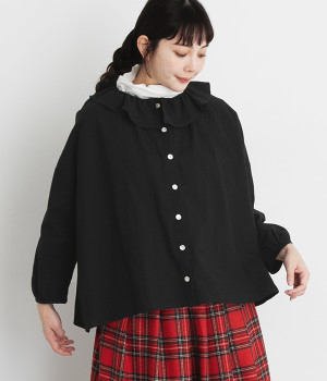コットンリネンフリル襟9分袖ブラウス(ブラック-ONESIZE)