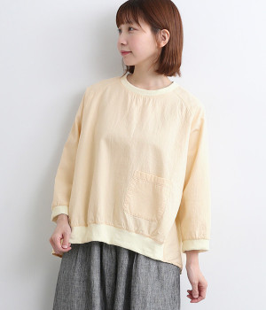 二重織ツイル襟リブラグラン8分袖プルオーバーブラウス