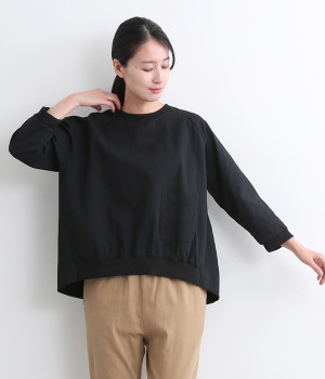 二重織ツイル襟リブラグラン8分袖プルオーバーブラウス(ブラック-ONESIZE)