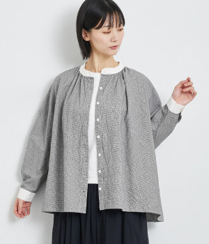 コットン先染めチェック＆ストライプ クレリックワイド長袖ブラウス(千鳥格子-ONESIZE)