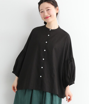 コットンリネンワイドギャザースリーブ7分袖ブラウス(ブラック-ONESIZE)