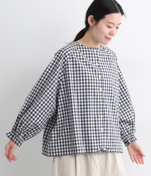 コットン先染め裾スピンドル長袖ブラウス