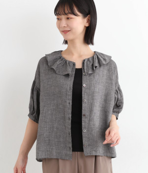 リネンシャンブレーフリルカラーブラウス