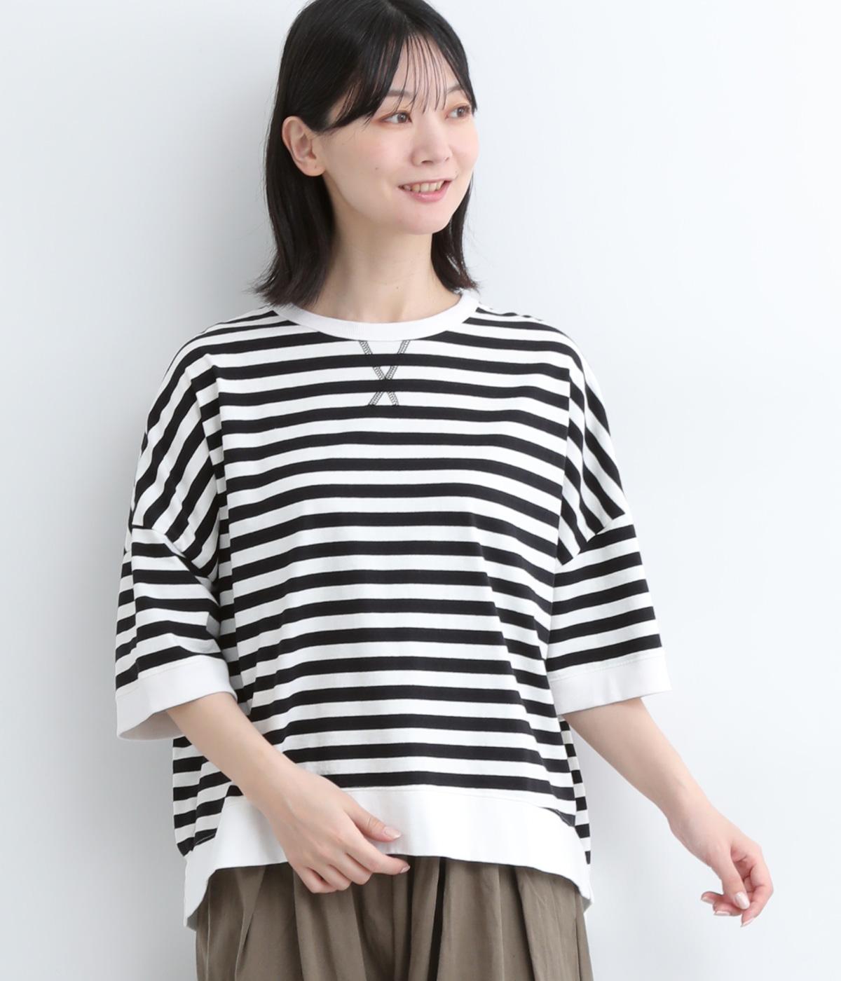 コットンガゼット付ワイド5分袖ボーダーTシャツ(ブラック-ONESIZE)
