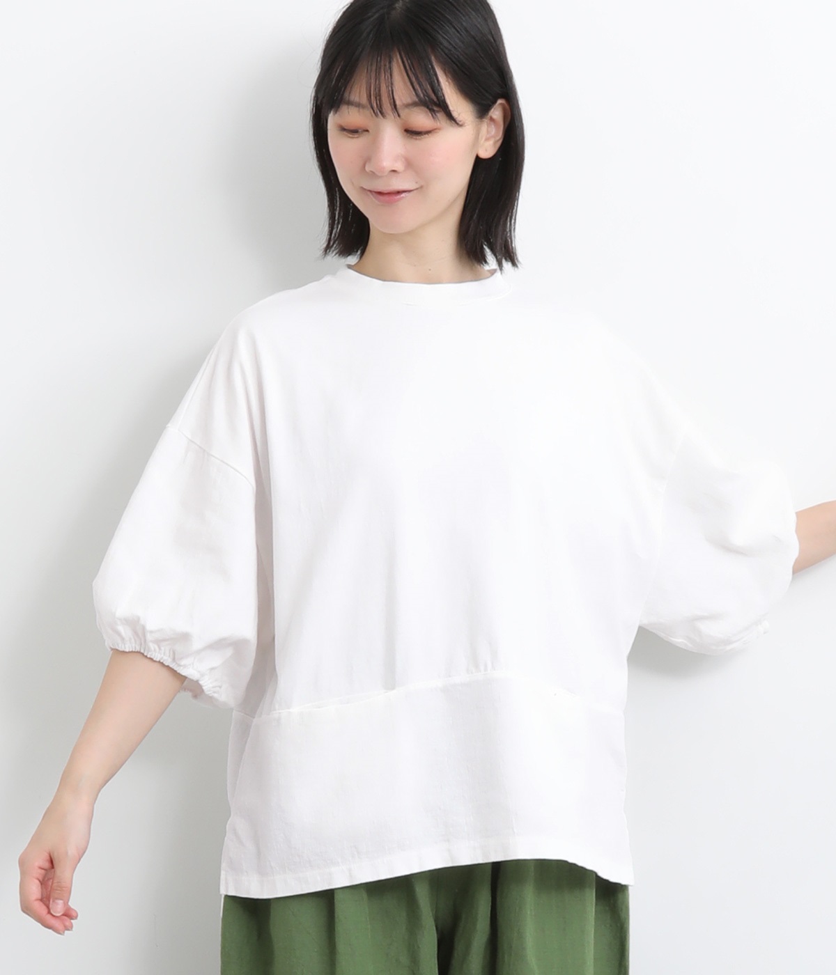 ナチュラルキャンバスｘ天竺切り替えポケットワイドギャザー5分袖Tシャツ