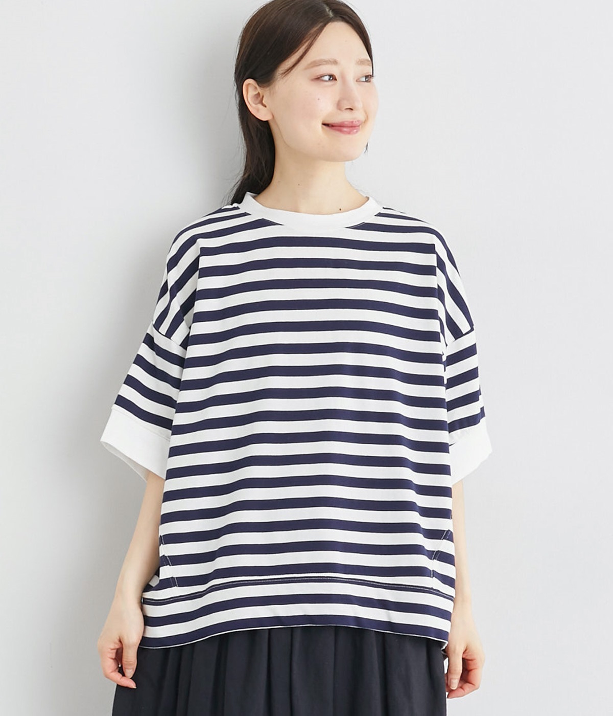コットン天竺ボーダーワイド5分袖Tシャツ