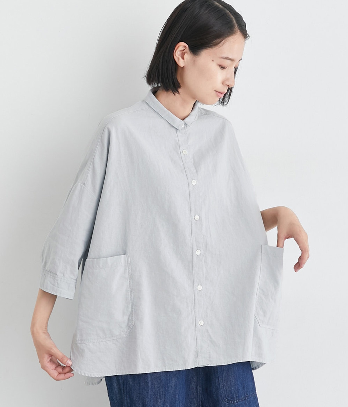 コットンリネンBIGポケットちび襟ワイド7分袖シャツ(サックス-ONESIZE)