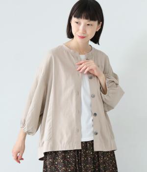 コットンリネン布帛×OE天竺 切り替え7分バルーン袖カーディガン
