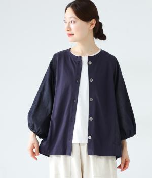 nfadeデニム×OE天竺 切り替え7分バルーン袖カーディガン