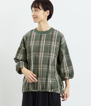 コットン先染めチェック襟リブ7分袖バルーンスリーブプルオーバーブラウス
