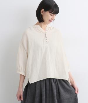Wガーゼ スキッパーヘンリーネック7分袖ワイドブラウス