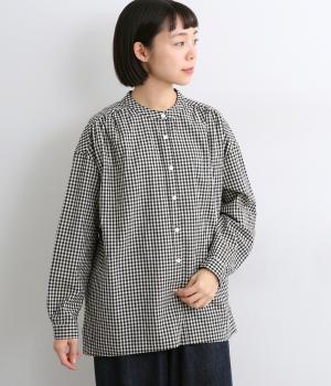 ネル起毛&ギンガムチェックショルダーギャザー長袖ブラウス