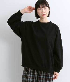 コットン起毛布帛リブ付きプルオーバーブラウス(ブラック-F)