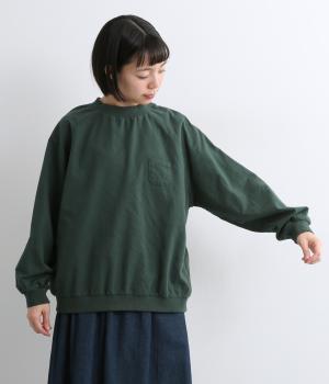 コットン起毛布帛リブ付きプルオーバーブラウス(グリーン-F)