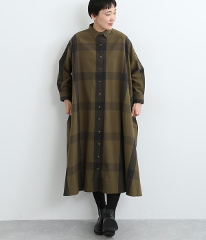 コットンビエラチェック　シャツワンピース(カーキ-M)