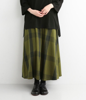 コットンビエラチェックスカート(カーキ×グレー-3L)