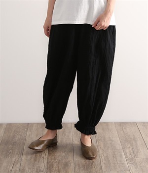 シャーリング裾ゴムワイドパンツ(ブラック-L)