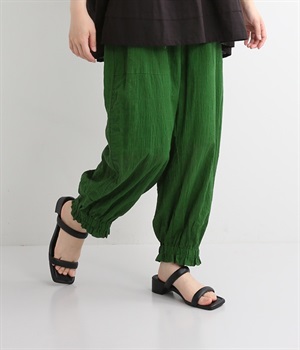 シャーリング裾ゴムワイドパンツ(グリーン-L)