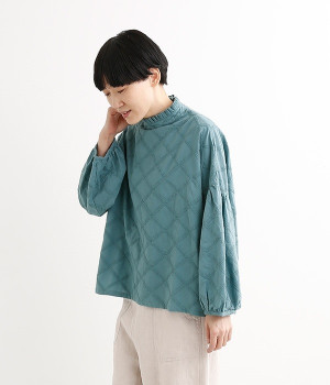 コットンローン矢羽刺繍柄フリル襟2WAYブラウス(ターコイズ-L)