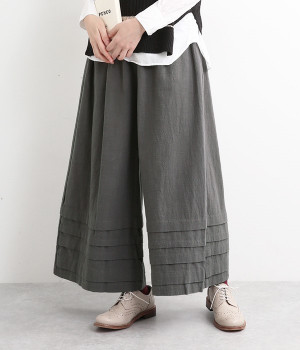 コットンリネンオックス裾タックワイドパンツ(グレー-L)