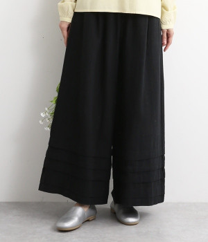 コットンリネンオックス裾タックワイドパンツ(ブラック-L)