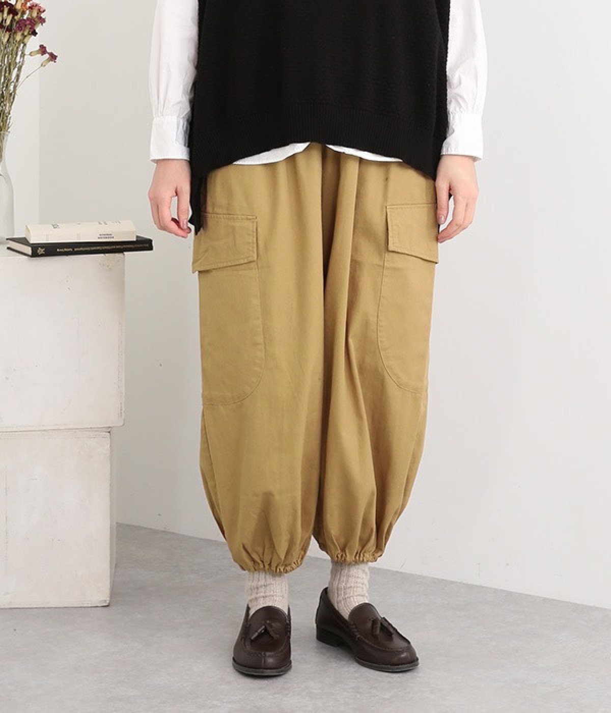 コットンツイルイージーカーゴパンツ(ベージュ-L)