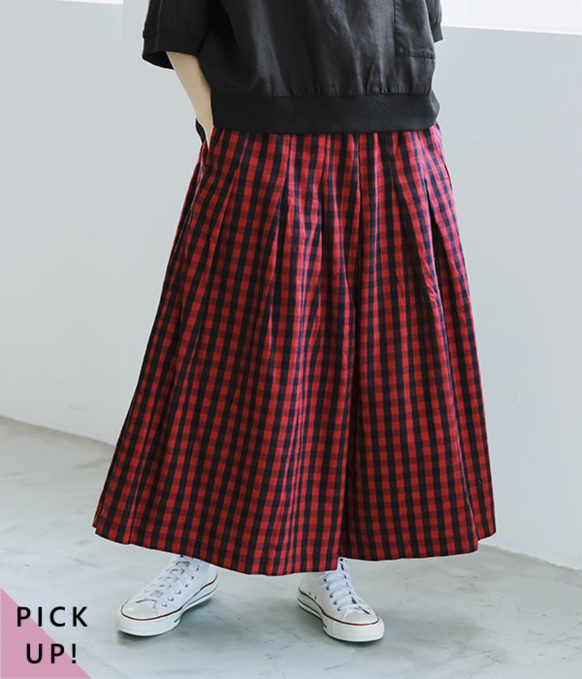 コットンビエラブロックチェックワイドタックパンツ(レッド-L)