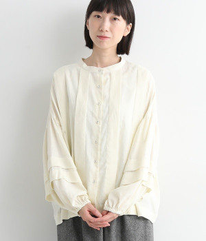 リネンレーヨンオックスタックブラウス(オフホワイト-L)