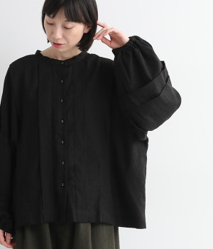 リネンレーヨンオックスタックブラウス(ブラック-L)