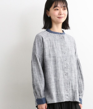コットンリネンヘリンボーン配色ブラウス(ネイビー-LL)