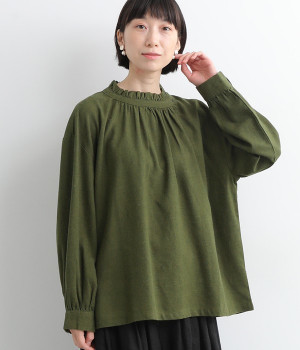 ツイル襟フリルブラウス(グリーン-L)