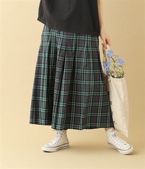 コットンオックスチェックタックパンツ(グリーン-L)