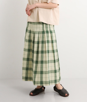 コットンオックスチェックタックパンツ(アイボリー×グリーン-L)