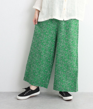 コットン小花プリント　イージーパンツ(グリーン-L)