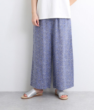 コットン小花プリント　イージーパンツ(ブルー-L)