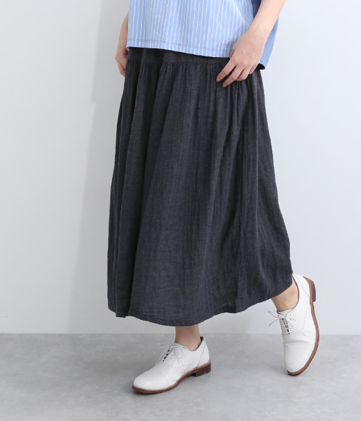 コットントップWガーゼ　切替えギャザーワイドパンツ(ネイビー-L)
