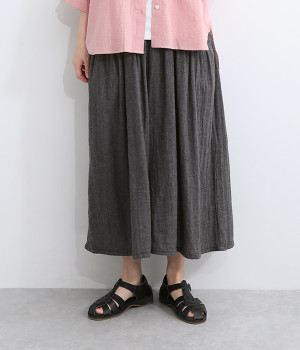 コットントップWガーゼ　切替えギャザーワイドパンツ(チャコール-L)