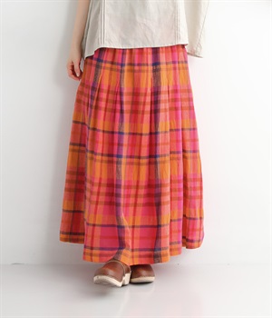 コットンリネンマドラスチェックスカート(ピンク-L)