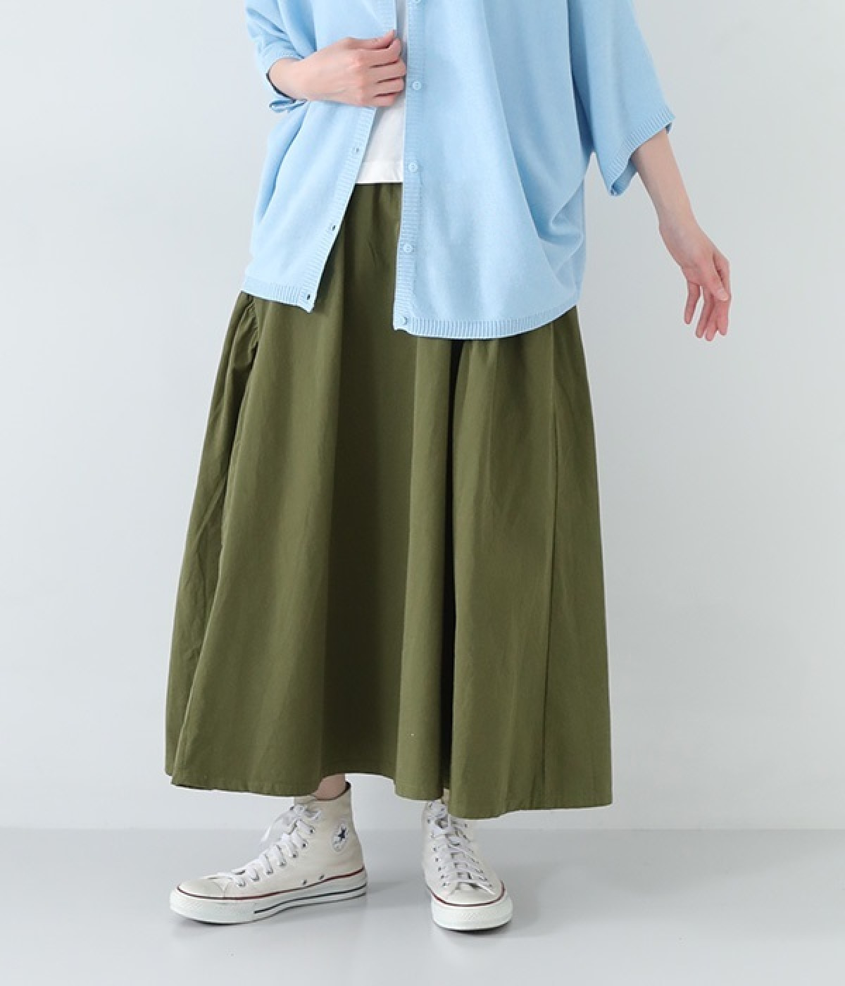 コットンツイルギャザースカート(カーキ-M)