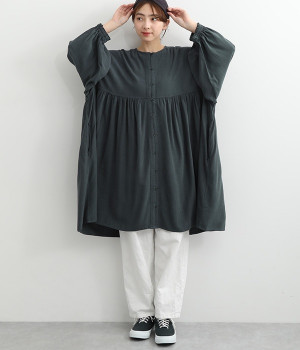 リネンレーヨンスラブ　切替えギャザーチュニック