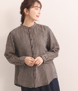 リネンストライプブラウス(ブラウン-L)
