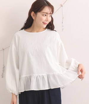 コットンワッシャー裾フリルプルオーバー(オフホワイト-L)