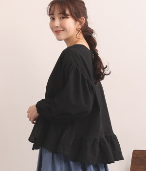 コットンワッシャー裾フリルプルオーバー(ブラック-L)